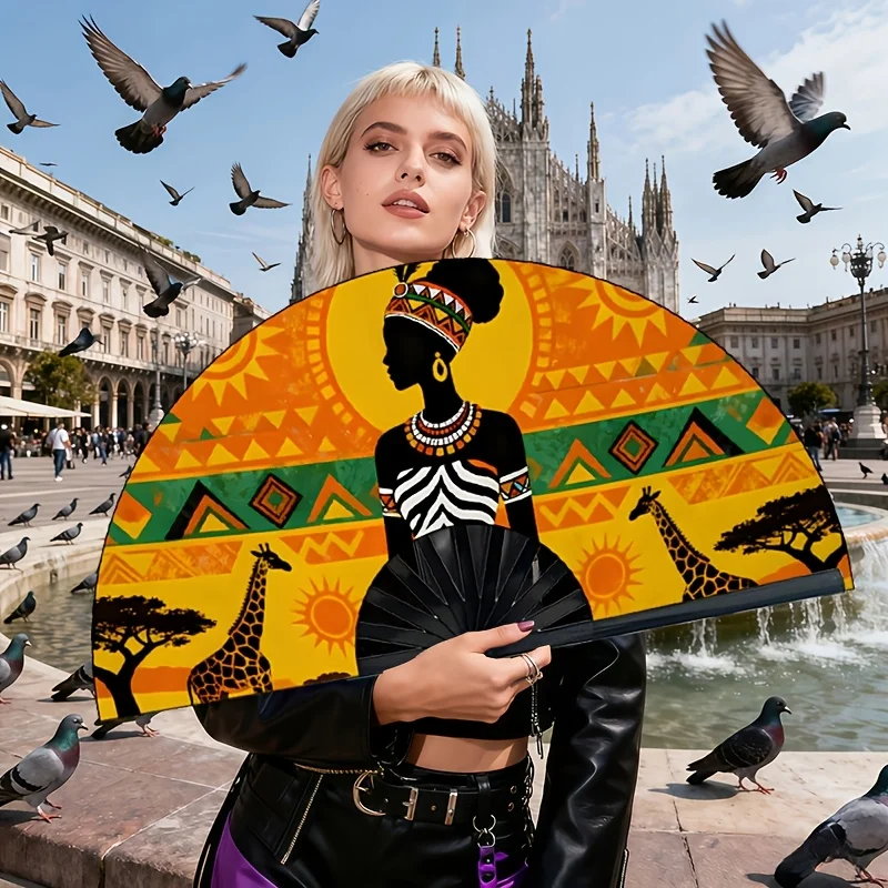 A Women'S Handheld Fan with an African Theme, Featuring a Wildlife Park Design, Portable Cooling Fan Suitable for Hot Weather, Outdoor Events, Parties, And Travel Cultural Additions