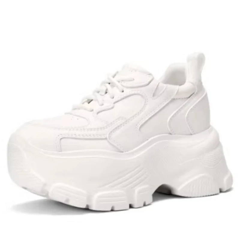 Genuine Leather Dad Shoes Women's Comfortable Thick Soled Height Increasing Shoes Breathable Chunky Sneakers White Casual Shoes