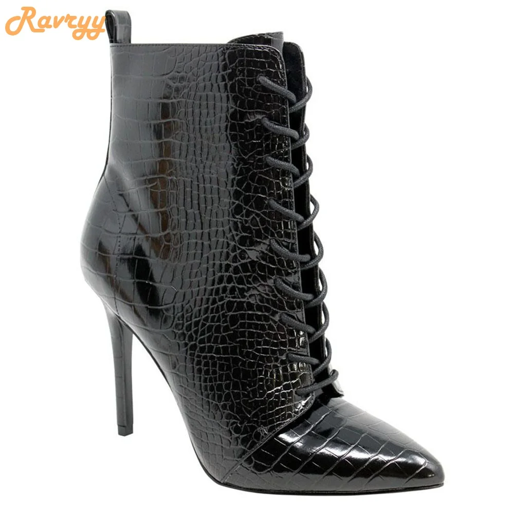 Black Genuine Leather Ankle Boots Pointed Toe Snake Pattern Women Short Boots Lace Up Stiletto Plus Size 46 Hot Selling Boots