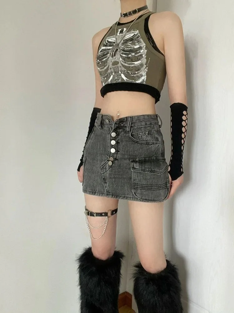 Punk donna estetica scheletro stampa Grunge canotta gotica Top Y2k vestiti Vintage corsetto canotta Baby Tees Emo girl Crop Top