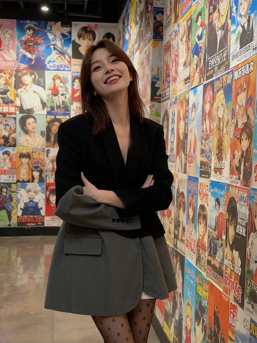 

Женский пиджак-блейзер в стиле пэчворк, свободный крой, без пуговиц, утепленный, двухслойный, в западном стиле, для офиса, коллекция 2025