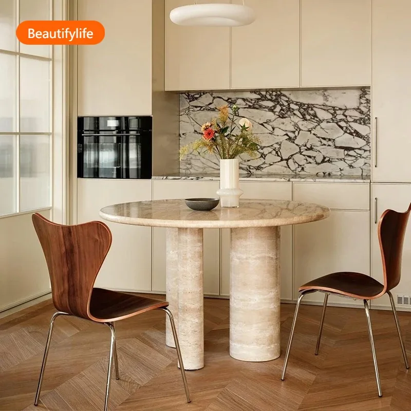 

A16 Wabi Sansan обеденный стол из натурального травертина, круглый мраморный обеденный стол для маленькой квартиры, бытовой камень, роскошный камень