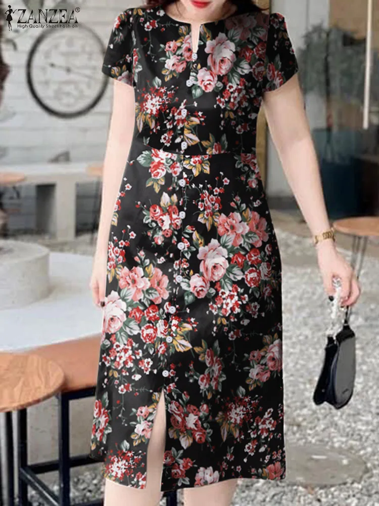 ZANZEA Women Summer Sundress Casual manica corta Midi Dress elegante fessura Fornt Chic Dresses 2024 Summer Floral Print Beach Robes