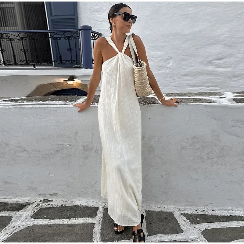 

Women White Off Shoulder Pleated Halter Maxi Dress Fashion Sexy Sleeveless Loose Dresses Summer 2024 Lady Casual High Streetwear