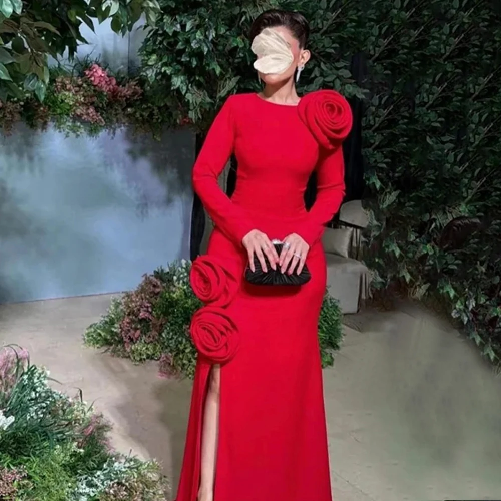 

Flechazo Red 3D Flower Evening Dress O-Neck Straight Floor Length Women Long Sleeves Formal Party Gowns Guest Customized