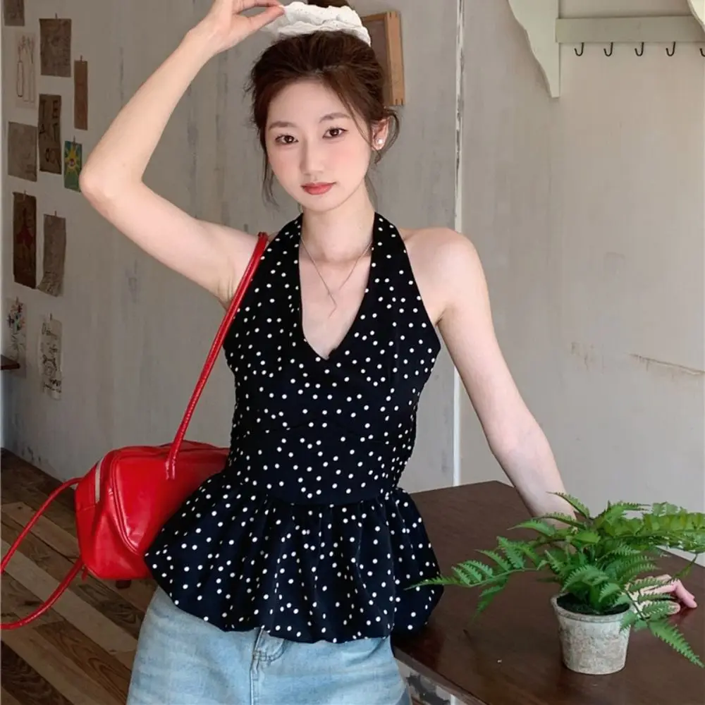 

Stylish Dot Sleeveless Crop Top V-neck Y2k Halter Ruffle Vest Top Korean Style Lace Up Women Camisole Streetwear