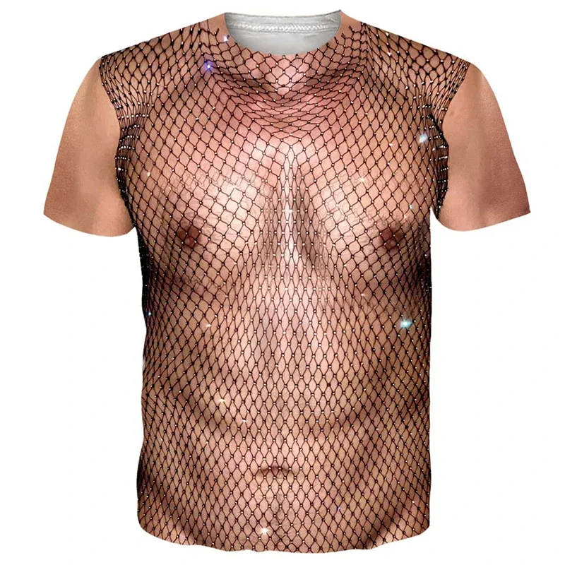 2024 Summer New 3D Printed Men\'s Fake Abs Chest Print T-shirt Large Size Relaxed Comfortable Breathable Fashion Casual Shirt