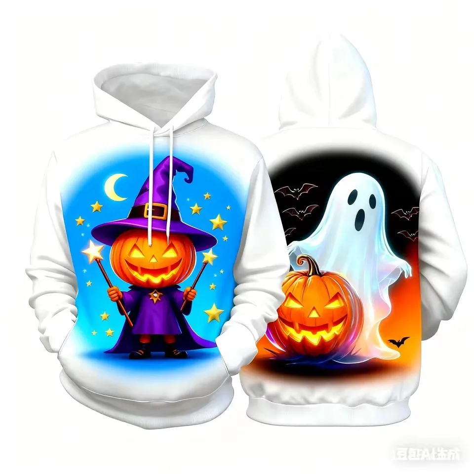 Halloween 3D-Print Hoodie – Ghost & Pumpkin Design – Trendy Matching Pullover for Couples