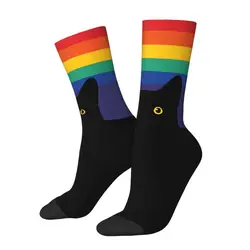 Cute Peeking Cat In Rainbow Circle Socks Women Men Warm 3D Printing LGBT Gay Pride Sports Football Socks