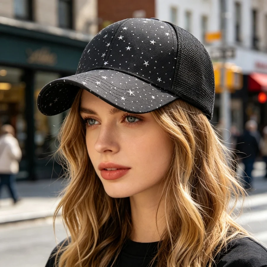 Gorra de béisbol de malla con estampado de estrellas, transpirable y con protección solar para el verano, no te hace sentir sofocado ni sudoroso, adecuada para actividades como senderismo, correr y desplazamientos diarios.
