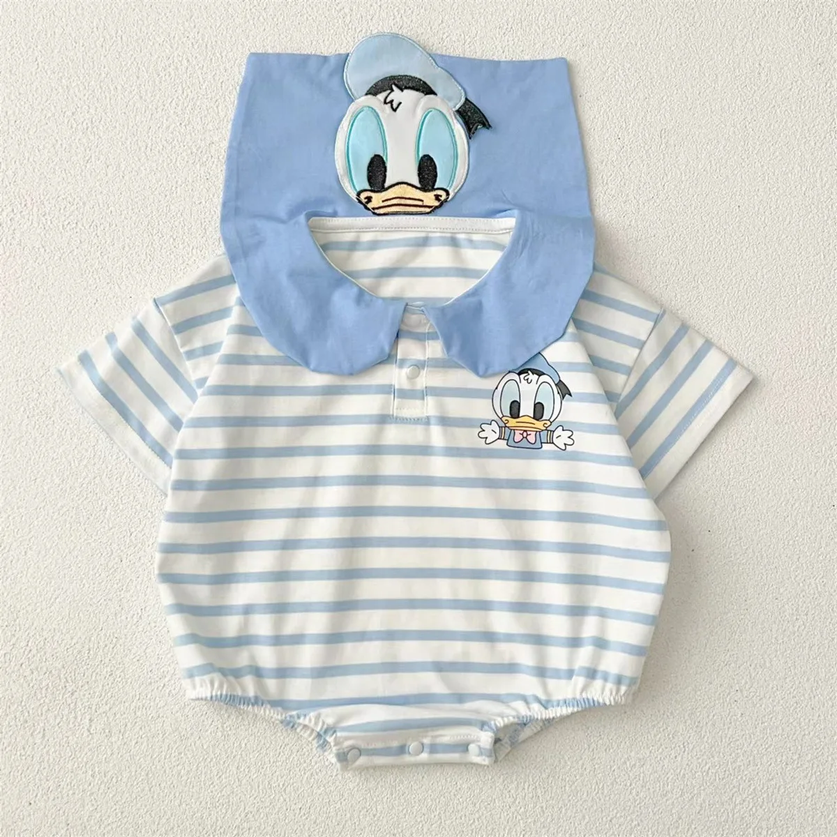 Cartoon Donald Duck Daisy Triangle Wrap Fanny Coat Striped Navy Collar Style Cute Boy and Girl Baby Summer Fashion Clothes