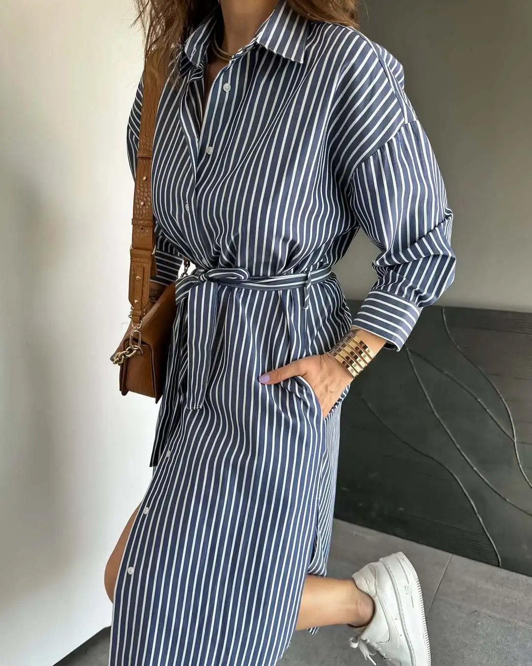 جديد شريط الدانتيل يصل قميص فساتين الربيع النساء التلبيب طويلة الأكمام طول الركبة فستان الصيف عالية الخصر فضفاضة واحدة الصدر فستان