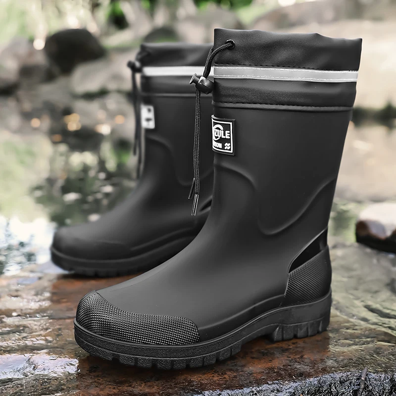 Men's Mid-Calf Drawstring Rain Boots, Waterproof Thick-Soled Commuting Fishing Outdoor Rain Shoes view 2