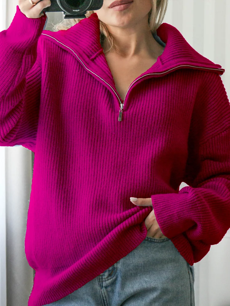 Women's Turtleneck Zippers Fashion Women Sweaters Solid Green Blue Pullover Long Sleeve Casual Knitted Sweater Woman Winter 2023