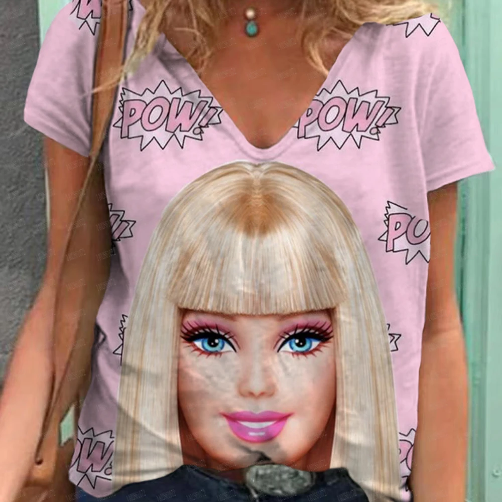 Summer Barbie Princess 3D Printed T-shirt Women's Casual Fashion Street Clothing Short sleeved V-neck T-shirt Harajuku T-shirt T