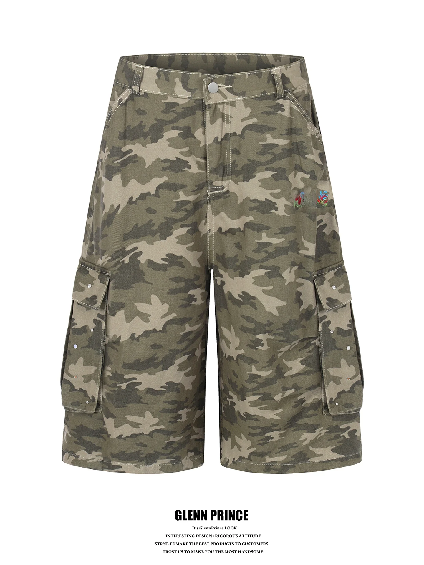 

American Retro Rhinestone Camouflage 7/8 Workwear Shorts Men's Design Sensation 2026 New Style Cotton Casual Shorts