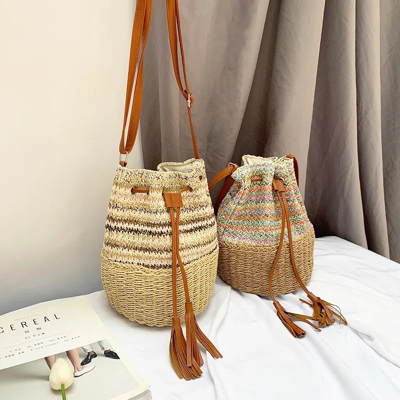 

Ins New Straw Shoulder Bucket Bag Shoulder Splicing Striped Straw Woven Summer Holiday Vacation Beach Bag Crossbody Portable