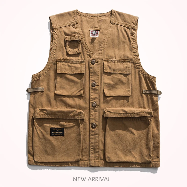 

Japanese Retro Military Functional Tactical Multi-pockets Vest Men's Fashion Pure Cotton Washed Old Canvas Woven Tooling Jacket