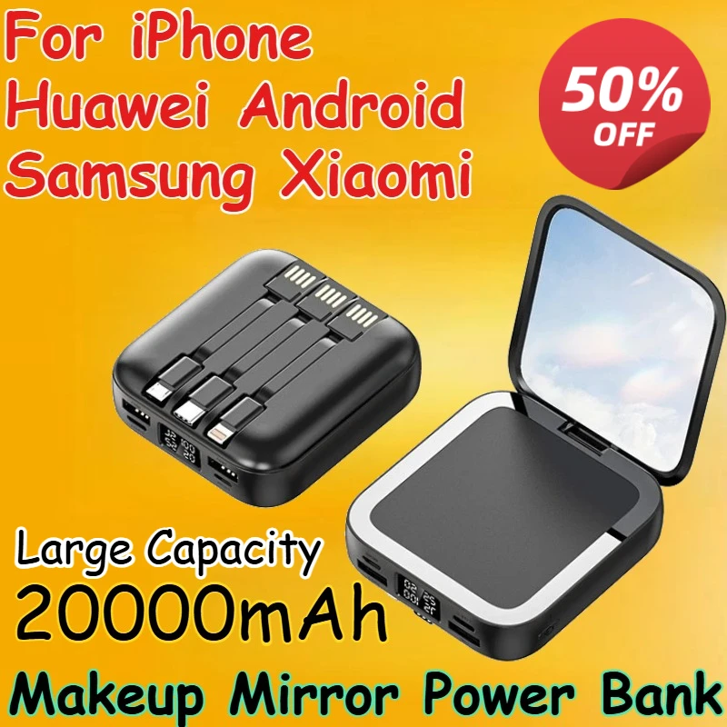 

Makeup Mirror Power Bank 20000mAh for IPhone Xiaomi Fast Charging Built-in Detachable Cables Portable Charger External Battery