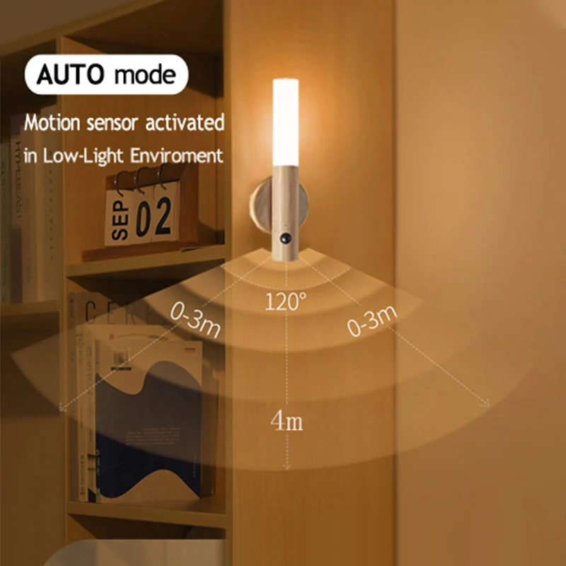 Magnetic Wooden Night Light With Motion Sensor Wall Lamp Lamp Corridor Cabinet Wardrobe Bedside Kitchen Table Move Home Lighting