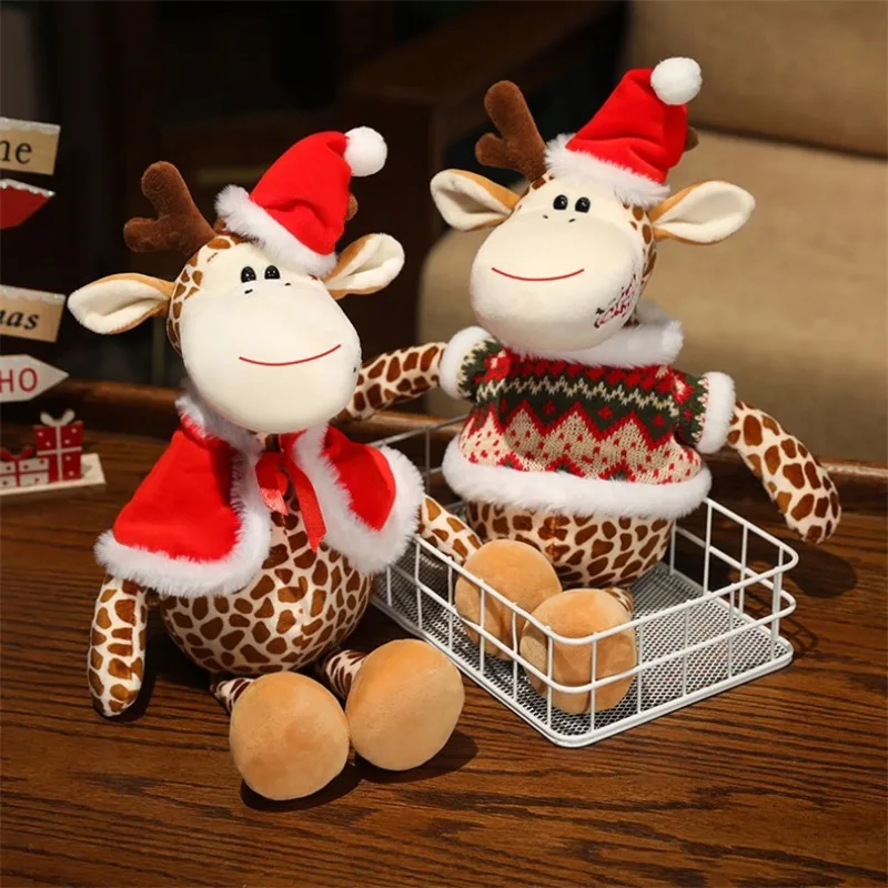 45cm Kawaii Navidad jirafa juguetes de peluche sombrero de Papá Noel muñeca Animal de la selva decoración del hogar para niños y niñas regalos de navidad
