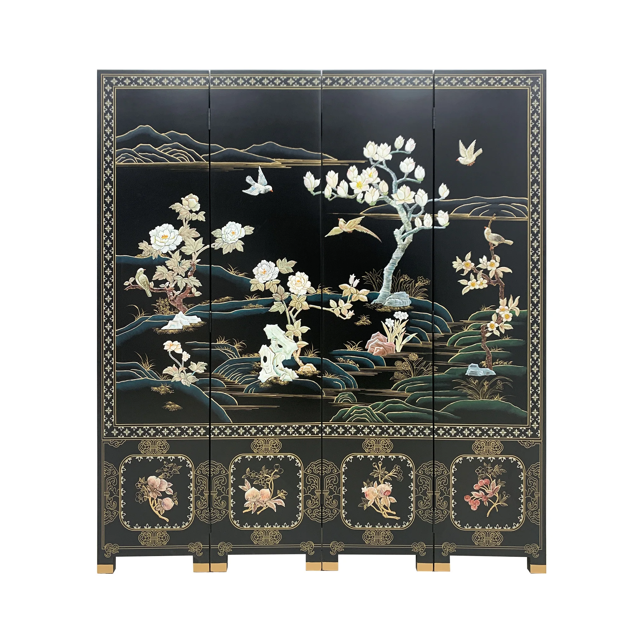 ！@Medieval Birds Flowers Decorative Wood Partition for Living Room Traditional Screen Room Divider Furniture Black Background