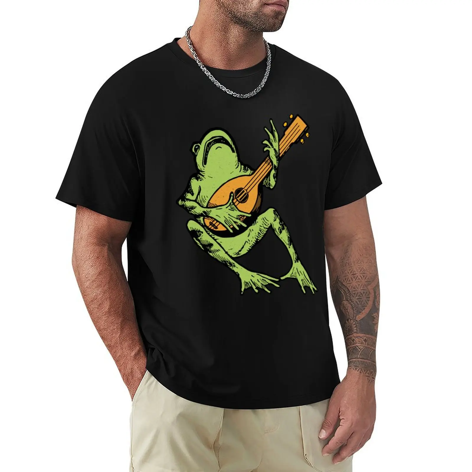 Cool Frog Guitarist playing Guitar Music T-Shirt Art Pattern Printed Casual Top