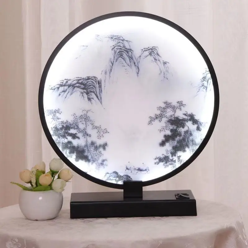 New Chinese Style Table Lamp Landscape Painting Bedroom Bedside Light USB Charging Desk Reading Lights Decorative