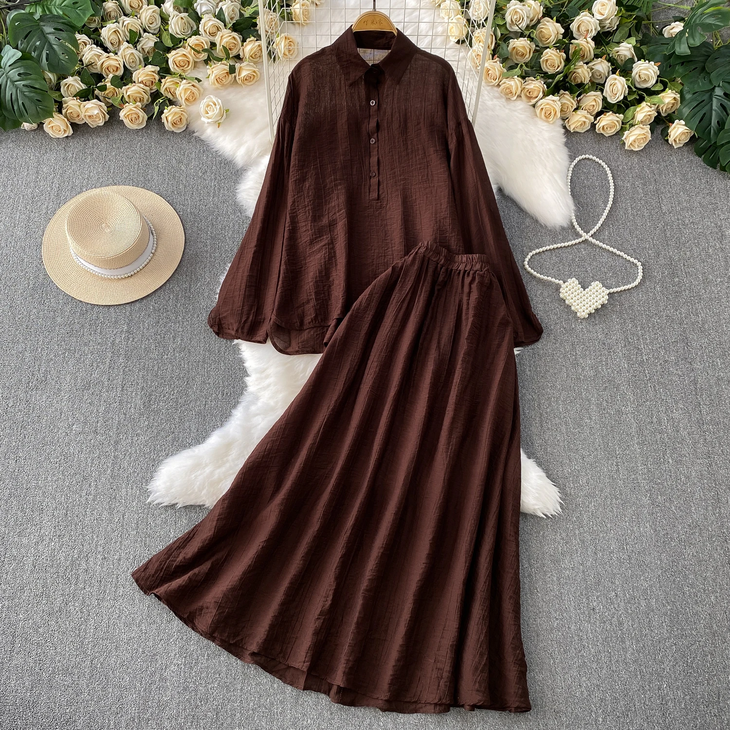 

SuperAen 2025 Summer New Loose Single-breasted Long-sleeved Sun-protective Shirt High-waisted Slim A-line Skirts Two-piece Sets