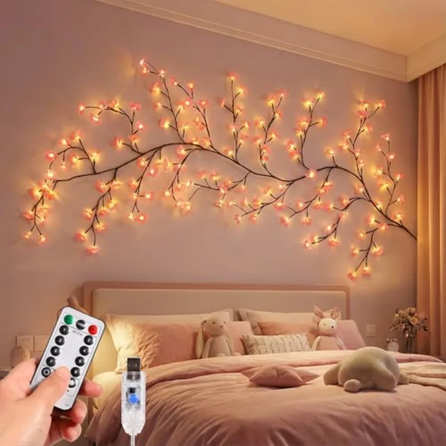 

Pink Cherry Blossom Lights for Wall Cherry Blossom Tree Branch with USB and Remote 8 Modes Timer for Bedroom Wedding Christmas