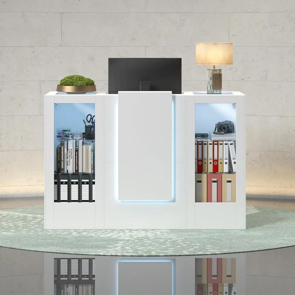 

LED-Illuminated Reception Desk with Keyboard Slide, Glass-Equipped Retail Counter with Storage, White Clinic & Salon Checkout Ta