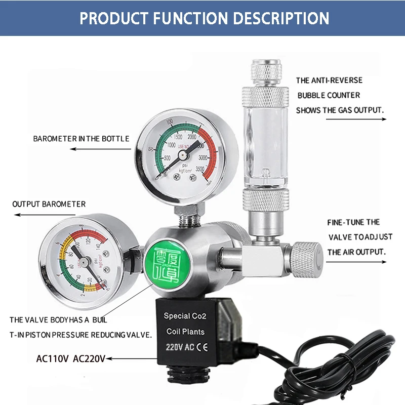 Fish tank CO2 regulator with bubble counter solenoid valve CO2 gas cylinder control output Aquarium CO2 pressure reducing valve