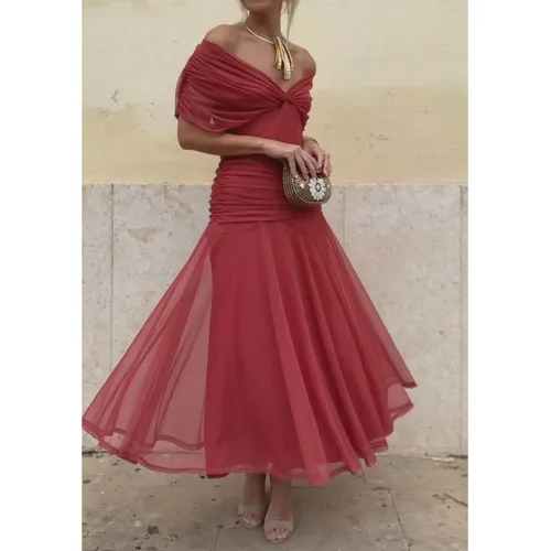 Vestido de fiesta elegante con manga de murciélago para mujer, vestido de fiesta de cóctel con pecho bajo, vestido de fiesta plisado estampado, falda larga de malla