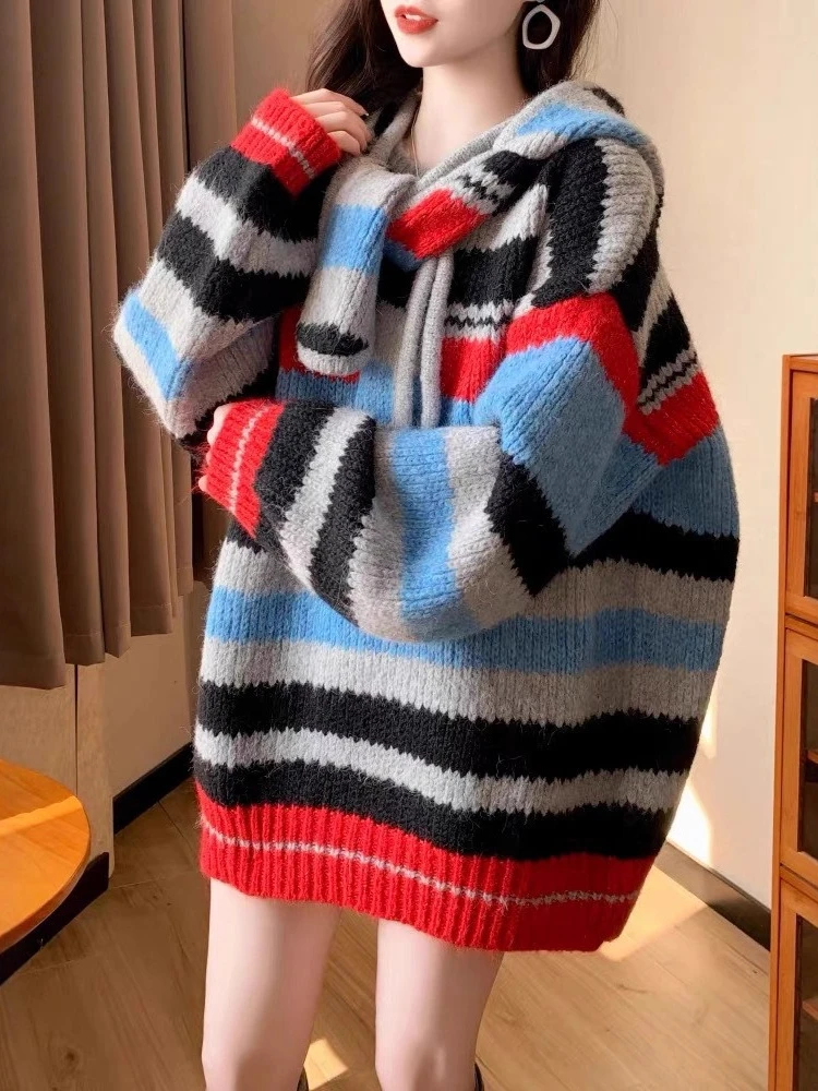

Hikigawa Chic Fashion Women Korean Style Contrast Color Striped Knitted Pullovers Casual loose All Match Sweater Outerwear Mujer