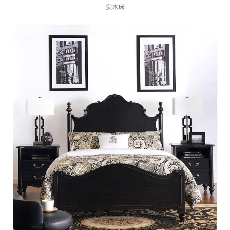 High-end American solid wood pillar bed French black retro wind single double bed master bedroom engraved modern wedding bed cus