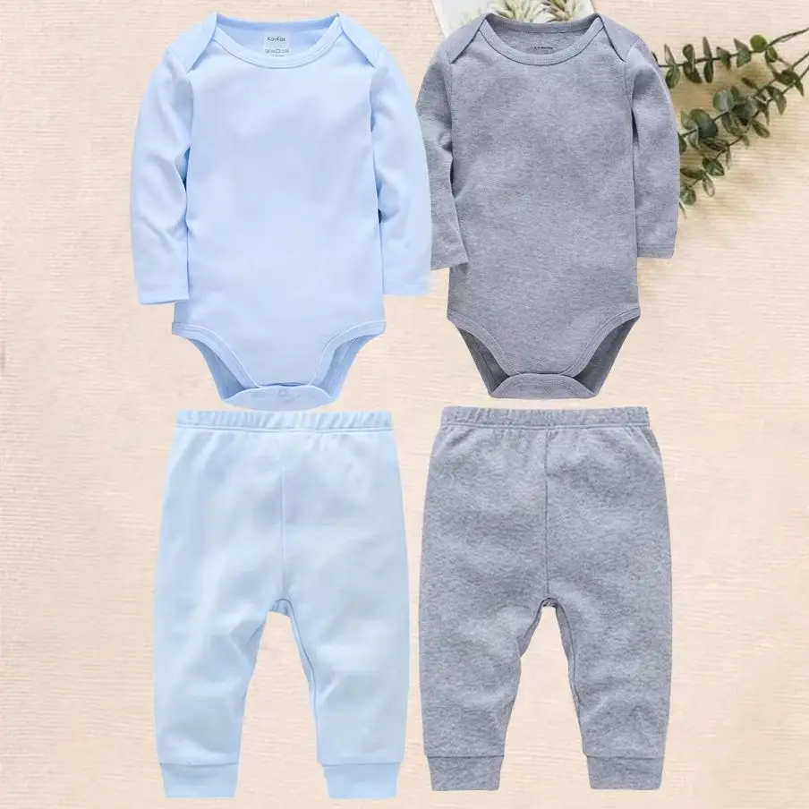 4-個ソリッドカラーのベビー服セット綿-100-長袖ボディスーツ-弾性ウエストパンツ新生児男の子女の子衣装-0-24-メートル用