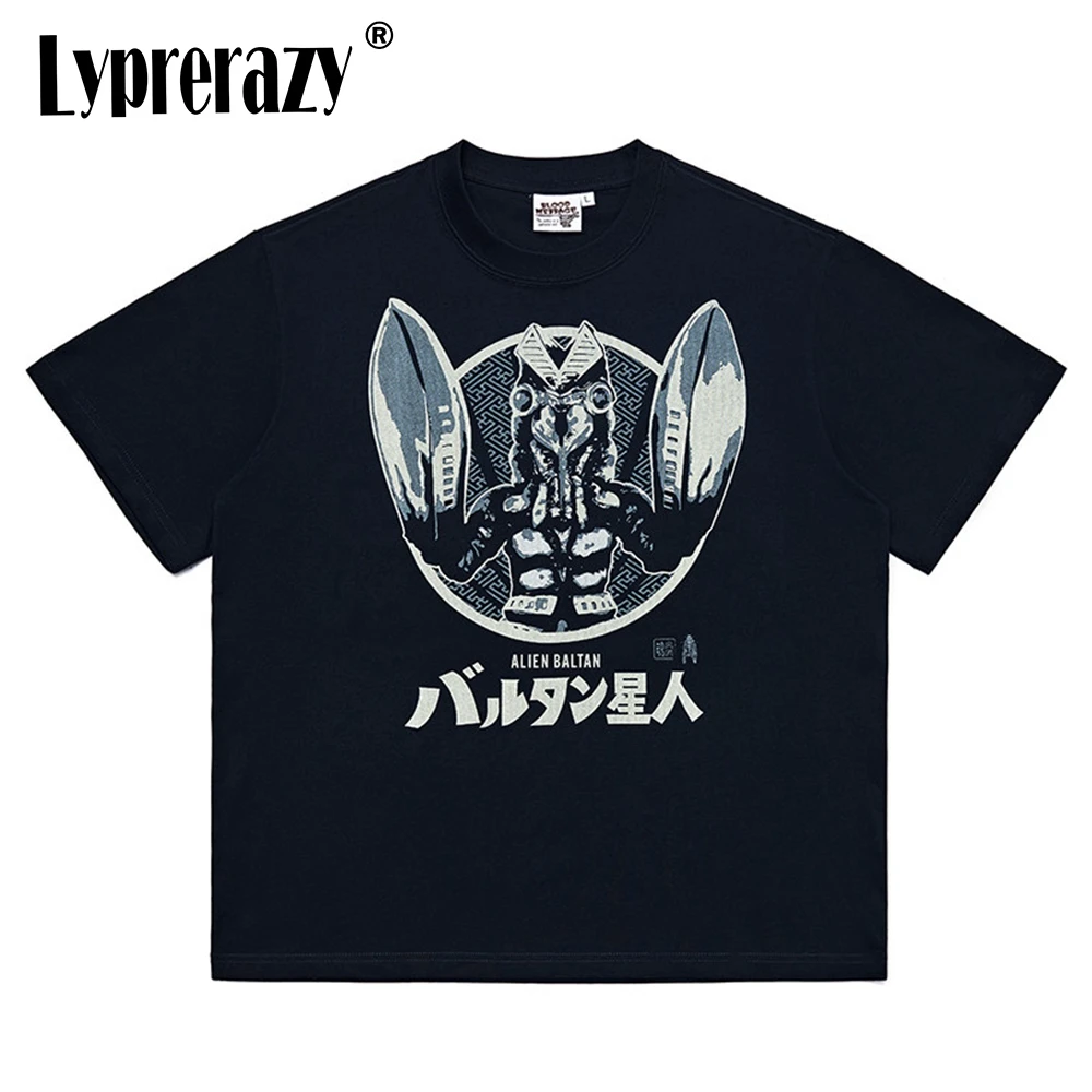 

Lyprerazy Summer Men's Short Sleeve Monster Alien Cartoon Printing Cotton Personality Crew Neck T-Shirt