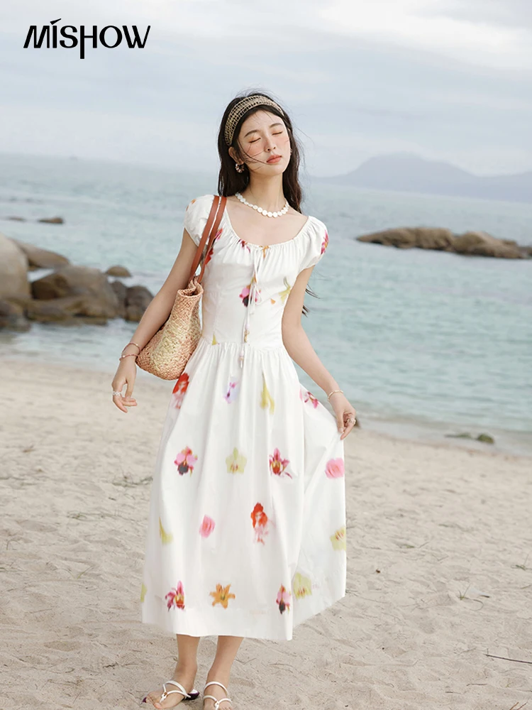 MISHOW Korean Summer Dress for Women New 2025 Short Sleeve Round Neck Drawstring Cotton Dresses Lady Fashion Holiday MXE32L2212