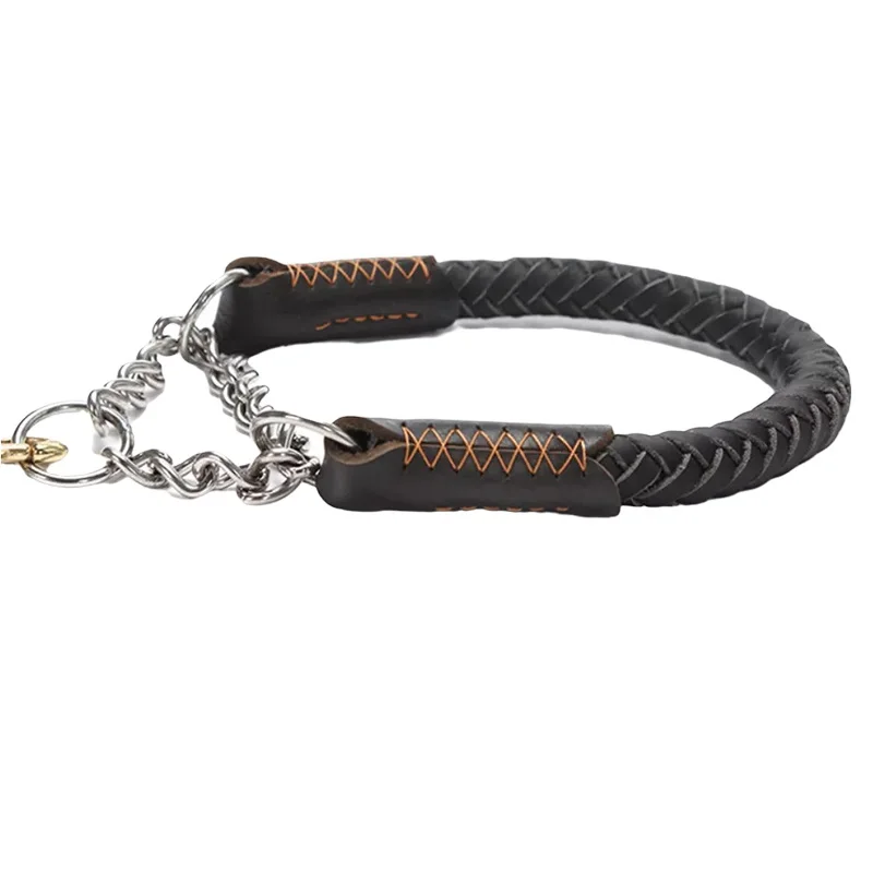 Slip Dog Collar Leather Large Dog Collar eight-strand Braided Collar Real Leather Collar big Stainless steel Collar for a dog