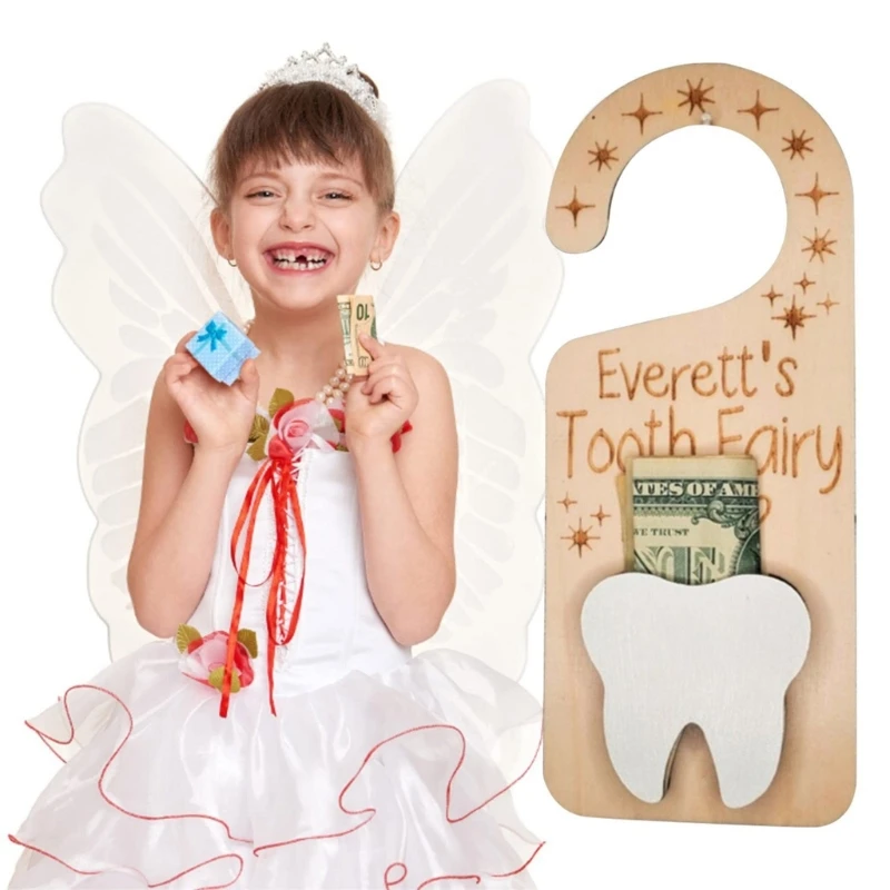 67JC Tooth Fairy Door Hanger Tooth Fairy Pick up Box with Money Holder Encourage Gift for Lost Teeth Kids Room Decoration