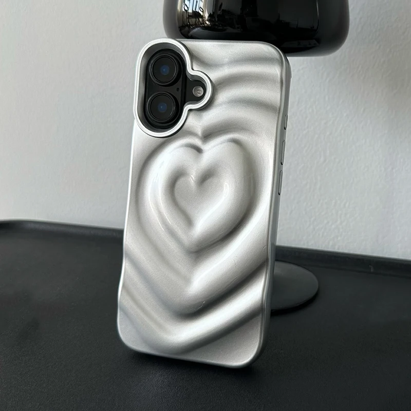 Fashion Silver Wave Shape Love Heart Wrinkles Case For iPhone 16 Pro Max 15 14 13 12 11 Soft Back Cover Shell