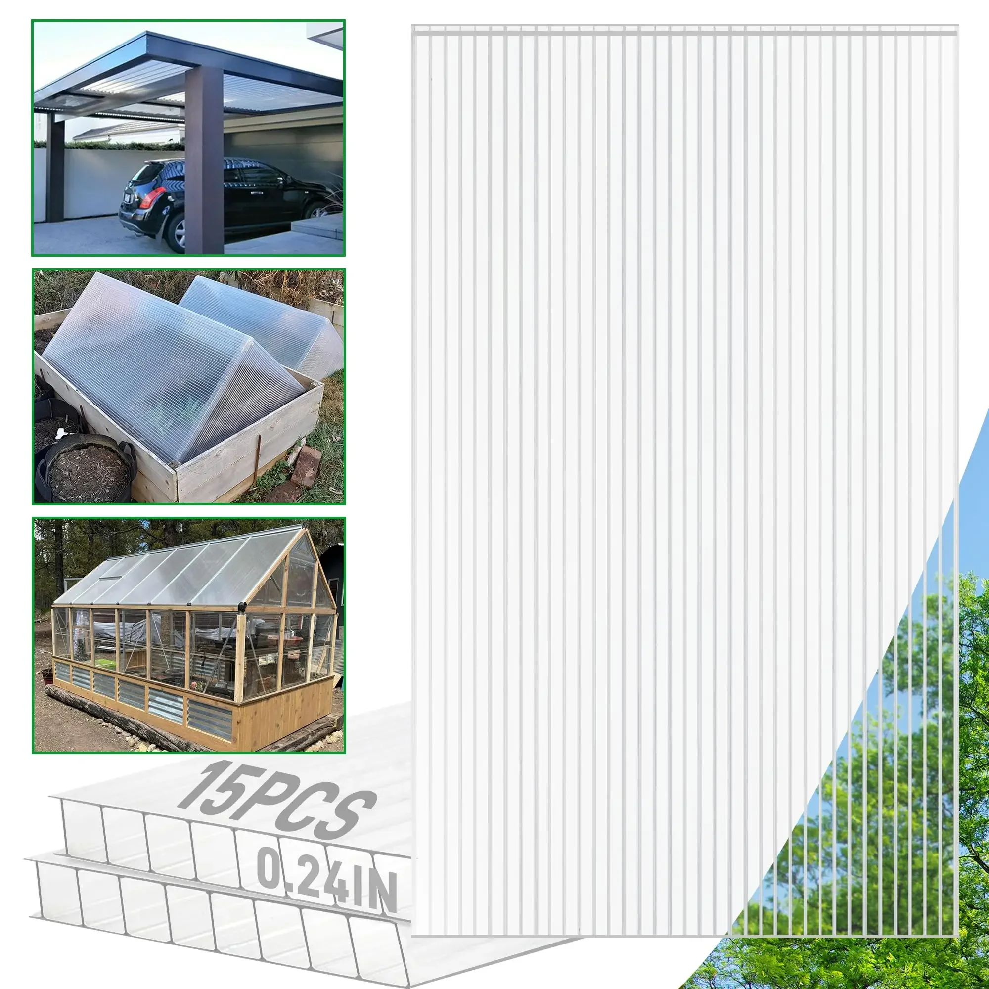 15 Pack Polycarbonate Greenhouse Panels 4' x 2' x 0.24'' Twin-Wall Polycarbonate Sheets, Greenhouse Replacement Panels