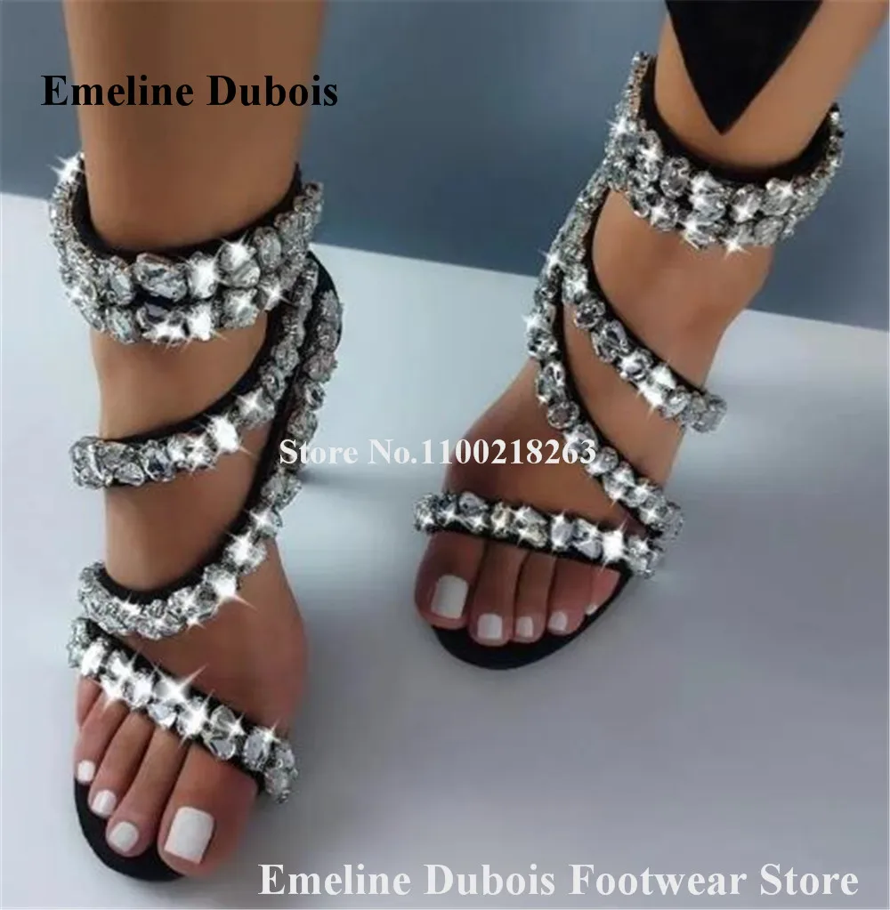 Bling Bling Big Rhinestones Sandals Emeline Dubois Open Toe Black Beige Diamonds Stiletto Heel Back Zipper-up Dress Shoes