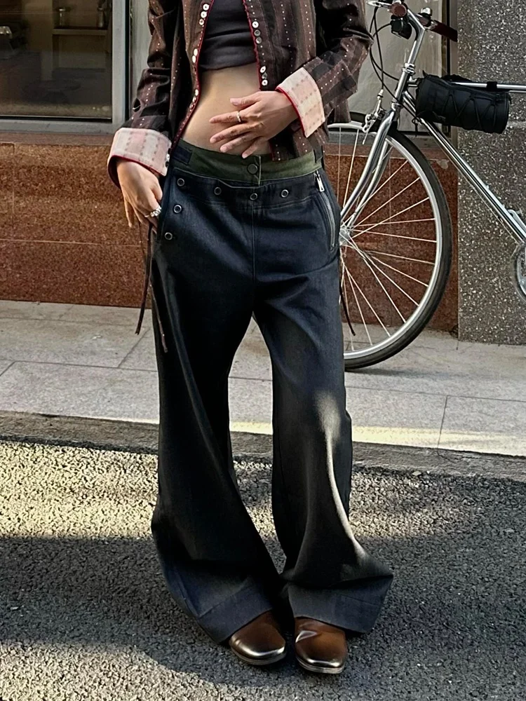 

Retro American Design Color Block High Waist Wide Leg Pants Women Adjustable Paris Buckle Floor Length Trousers Casual Jeans