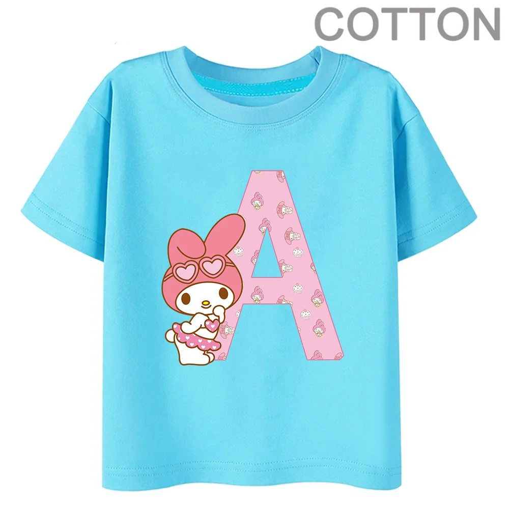 

Blue Melody Anime Letter ABC Children's Short-sleeved New Sanrio Summer T-shirt Clothes Girly Heart Soft Clothes Kawaii Birthday