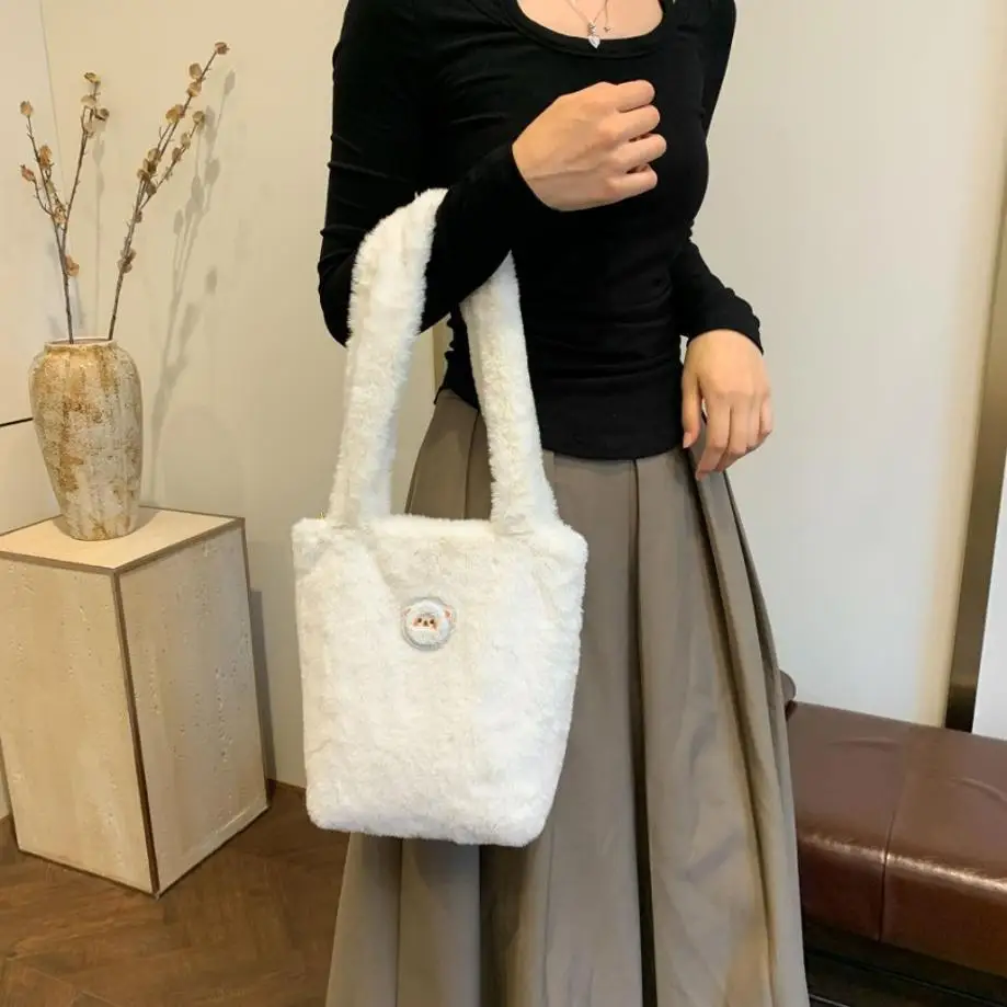 New Autumn Winter 2026 Women Soft Plush Bucket Bag Large Capacity Handheld Shoulder Tote Bag Casual Daily Fashion Handbag