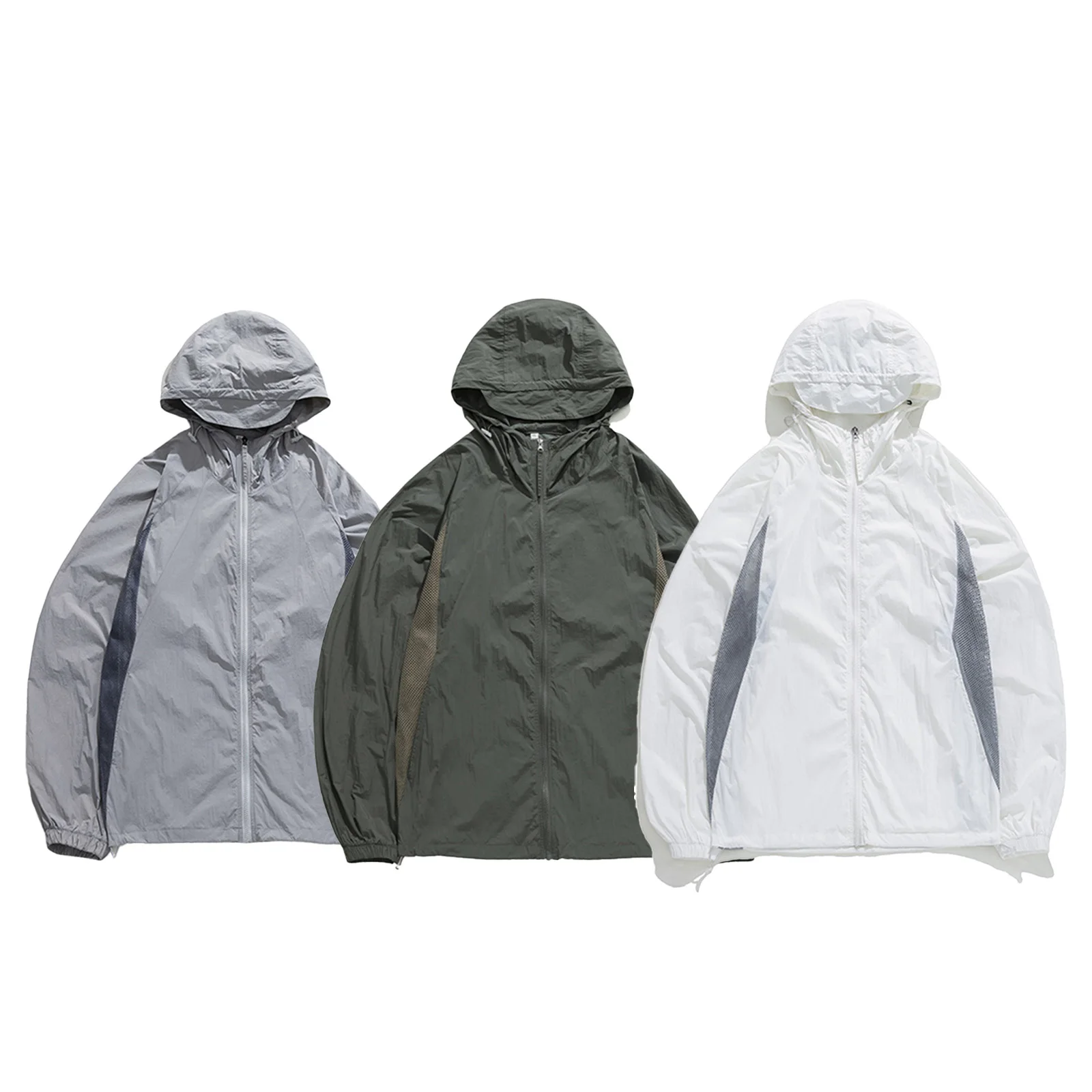 

Men Lightweight Sun Protection Hooded Jacket Quick Dry Zipper Breathable Mesh Patchwork Outerwear for Outdoor Hiking Camping
