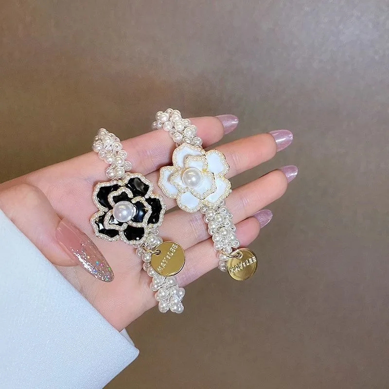 Women Accessories Hair Elegant Rhinestone Flower Hair Pearl Beaded Headwear Elastic Rope Ponytail Hair Handmade