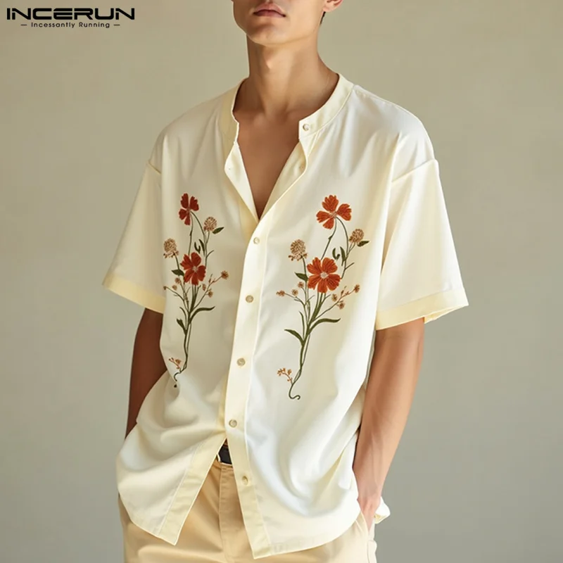 

INCERUN Мужская рубашка с цветочным принтом, летние топы большого размера, уличная одежда, 2021, корейская модная повседневная мужская одежда с лацканами и короткими рукавами