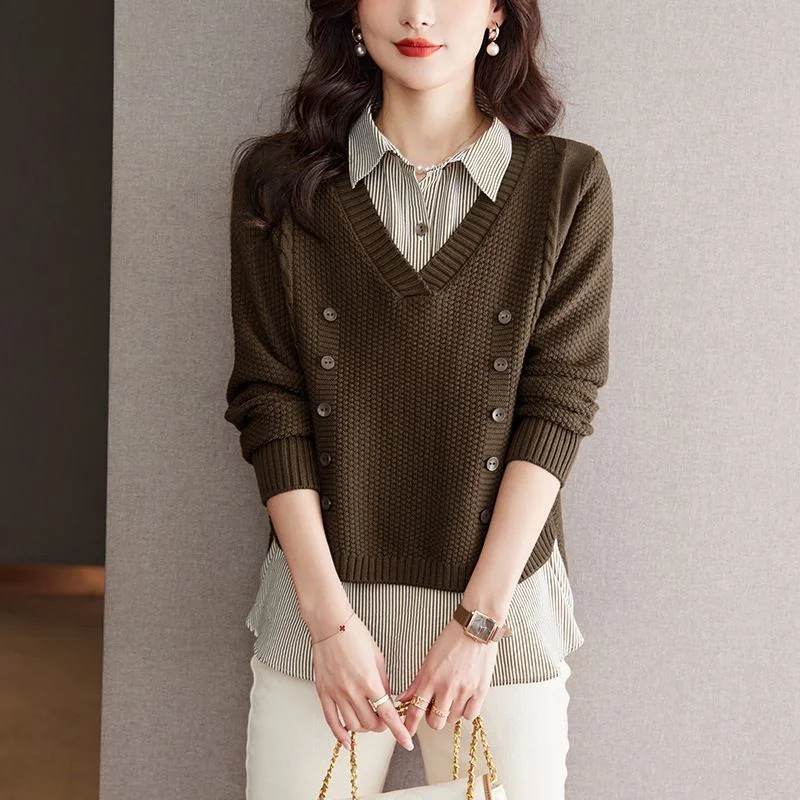 

2025 Spring Autumn New Korean Loose Long Sleeve Sweater Brown Shirt Fake Two Piece Top Knit Sweater Women's Splice Shirt Collar